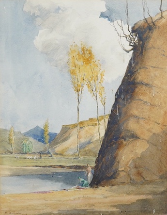 Martin Hardie (1875-1952), two watercolours, ‘Laundry being washed in the river, Italy’ and one other, each signed, one dated 1918, largest 25 x 36cm. Condition - foxed